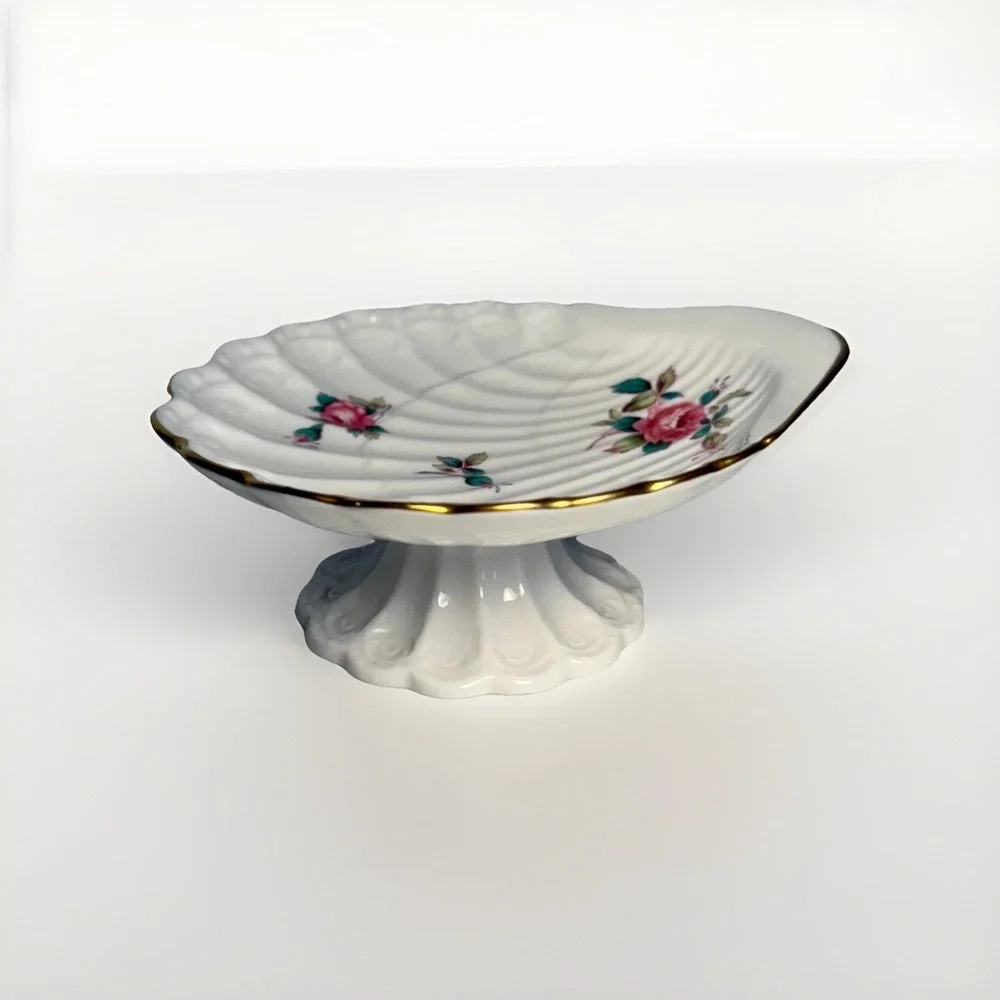 Spode Billingsley Rose Spray Shell Pedestal Dish Gold Trim Bone China England